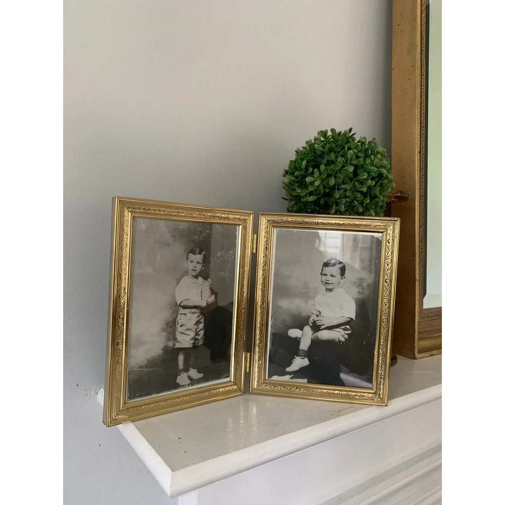 Vintage Louis Michel Co Solid Brass Double Folding 5x7 Picture Frame Gold Etched